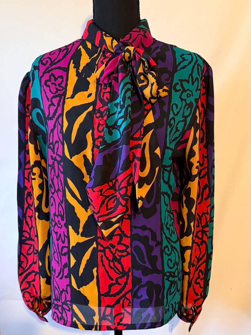 Vintage 80s Women's Multicolor Blouse With Bow- Bold Stripe Floral Print